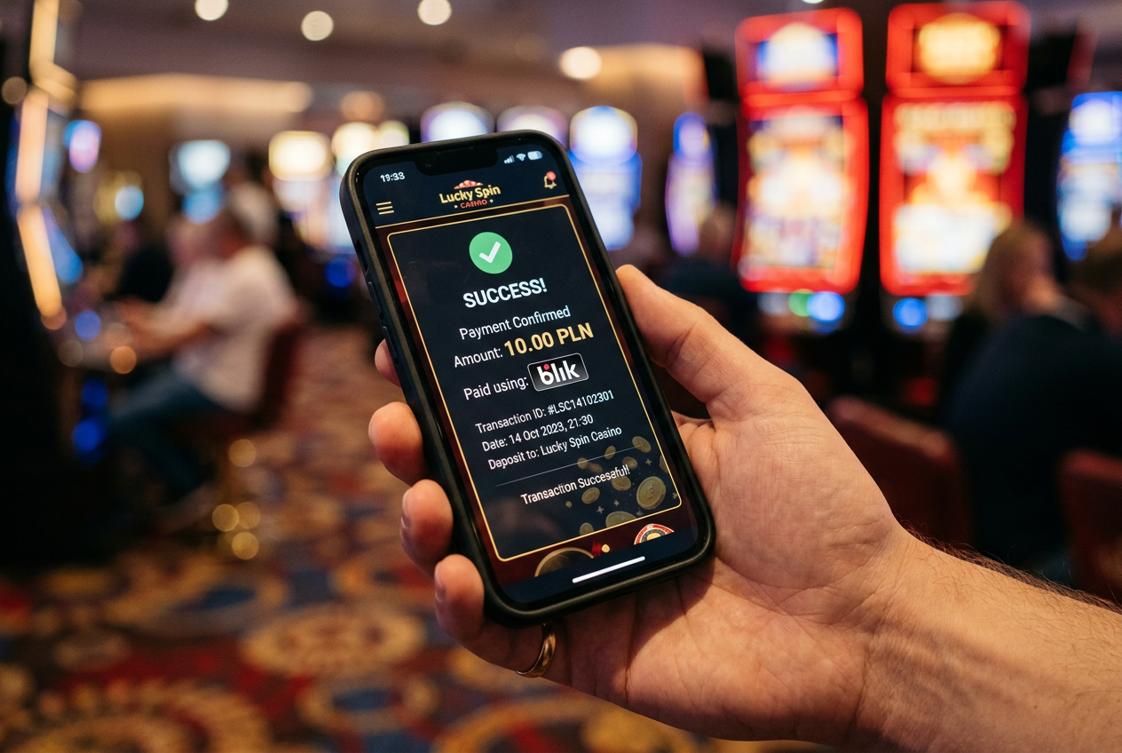 Smartphone displaying a BLIK payment confirmation for 10 PLN in a casino app