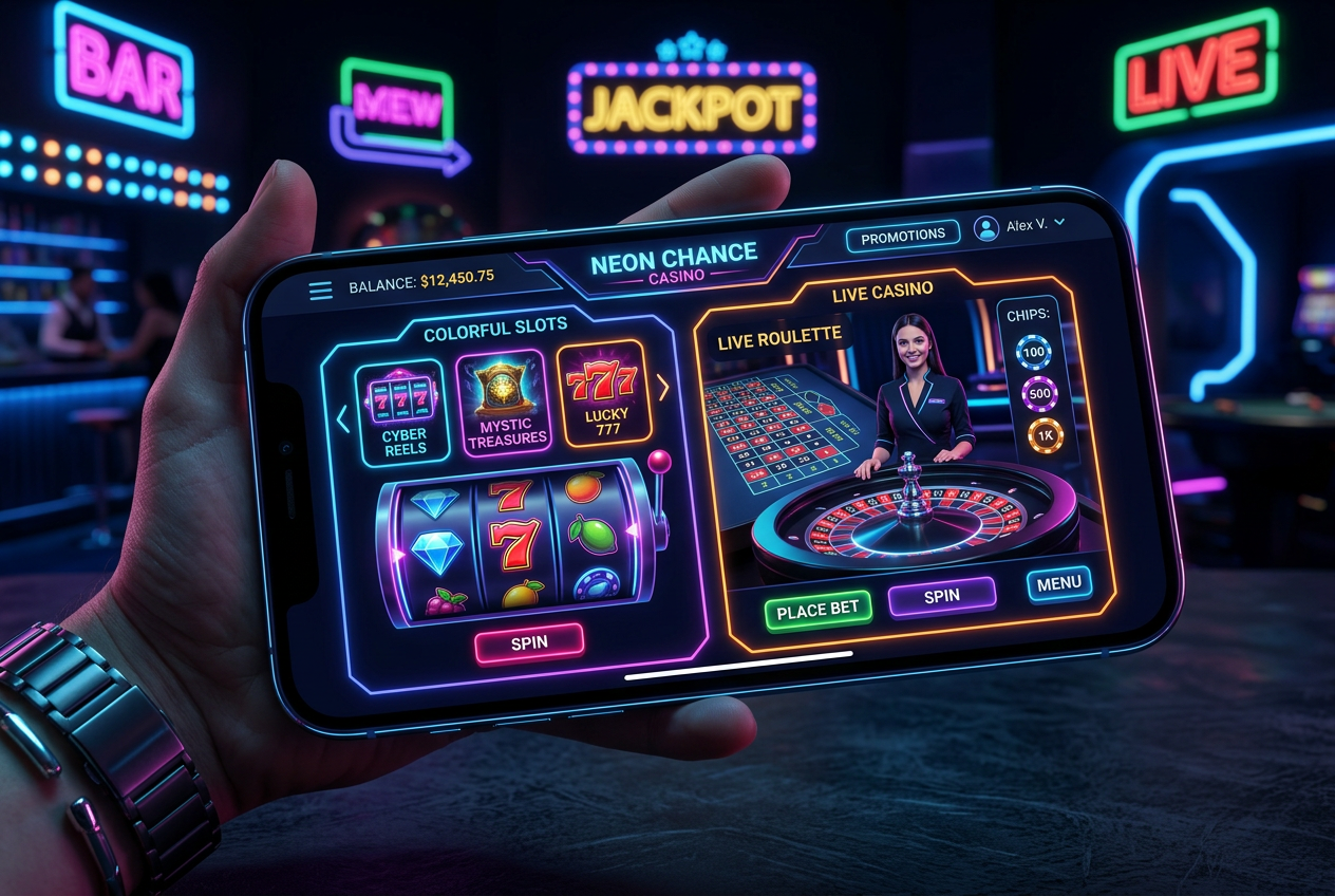 Nowoczesny interfejs kasyna na ekranie smartfona w ciemnym neonowym stylu