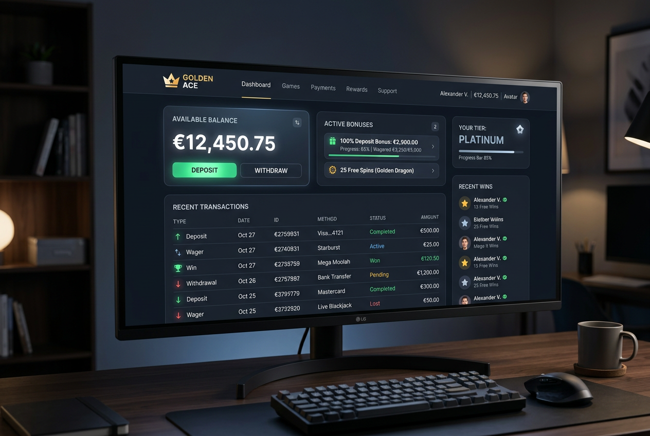 Widok panelu klienta w kasynie online pokazujący dostępne bonusy i saldo