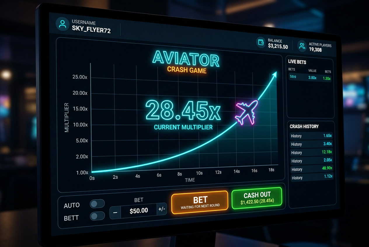 Techniczny interfejs gry crash z wykresem mnożnika i elementami neonowymi