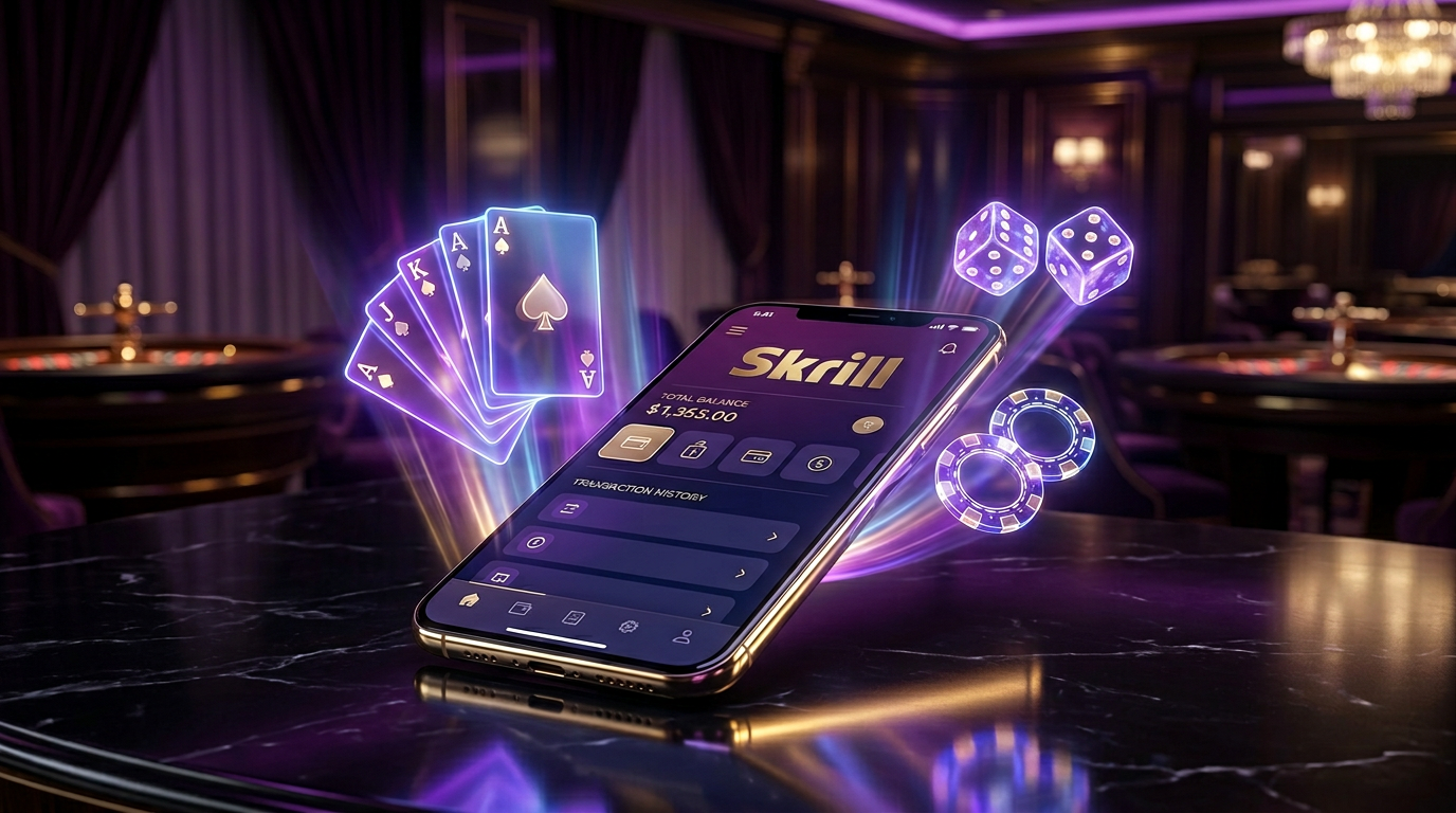 Futuristic digital wallet concept with Skrill logo and casino elements