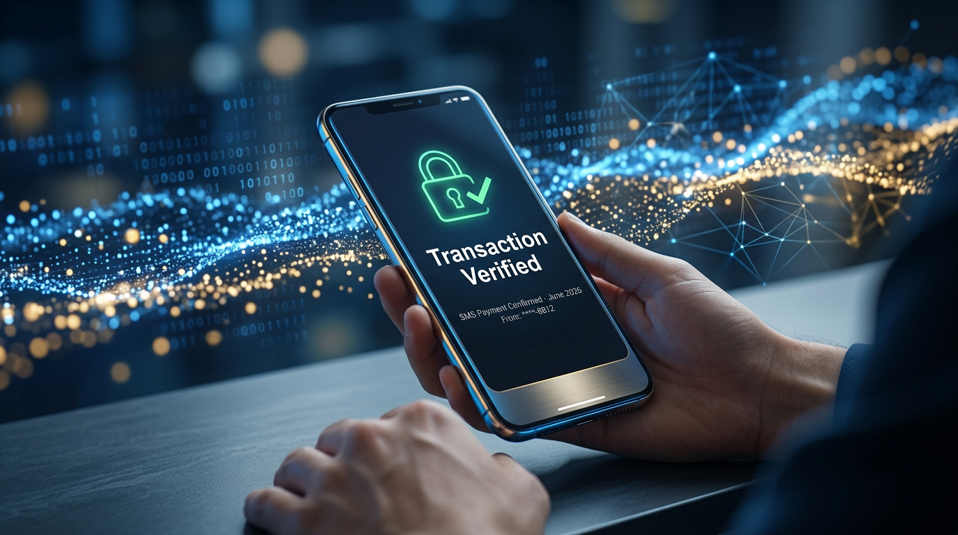 Futuristic smartphone processing a secure SMS payment for an online casino with glowing data streams background.