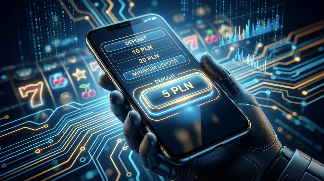 Złota moneta 5 PLN nad cyfrową platformą kasyna online w nowoczesnej oprawie graficznej