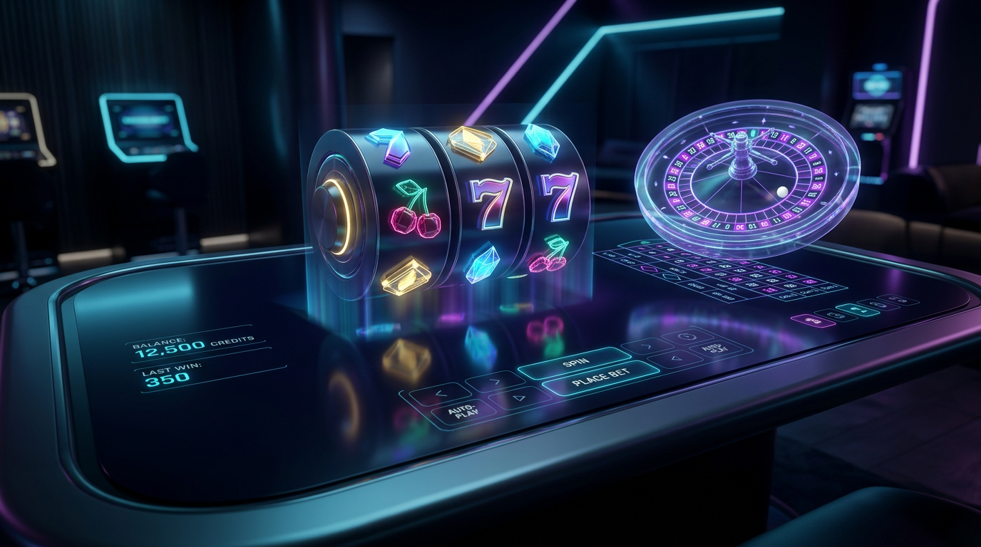 Futurystyczny interfejs kasyna online 2026 z hologramami i neonowym oświetleniem