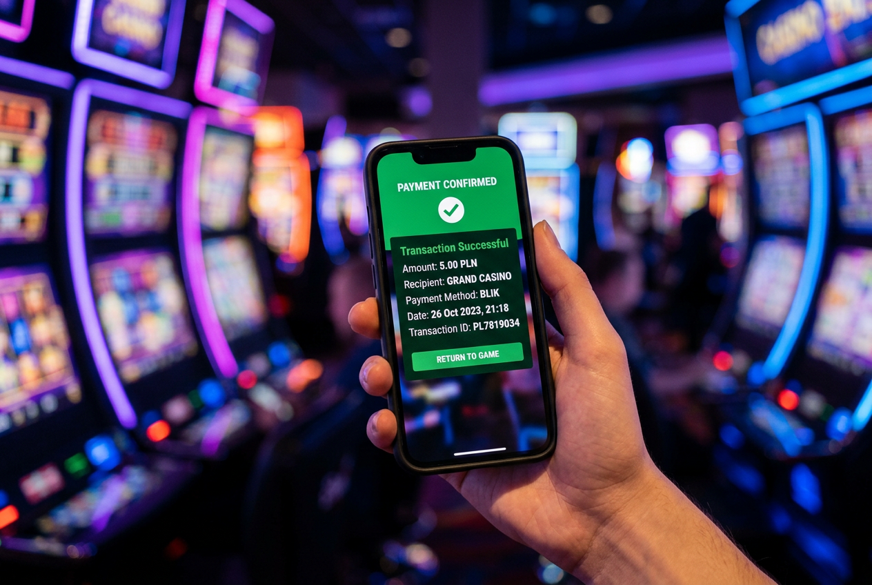 Smartphone displaying BLIK payment confirmation for 5 PLN in a casino environment