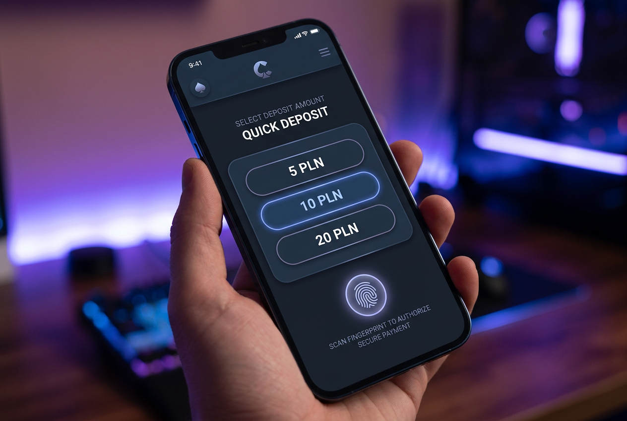 Nowoczesny interfejs mobilny kasyna online z opcją wpłaty 5 PLN i biometrycznym potwierdzeniem.