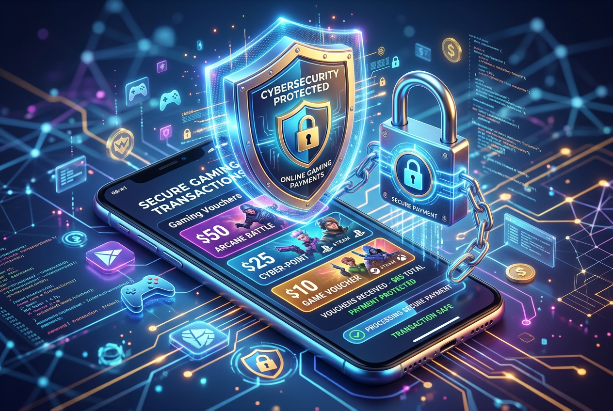 Cybersecurity symbols representing protection and risks in online gaming payments