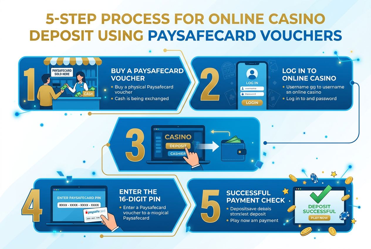 Infographic showing the 5-step process of depositing money in a Paysafecard casino