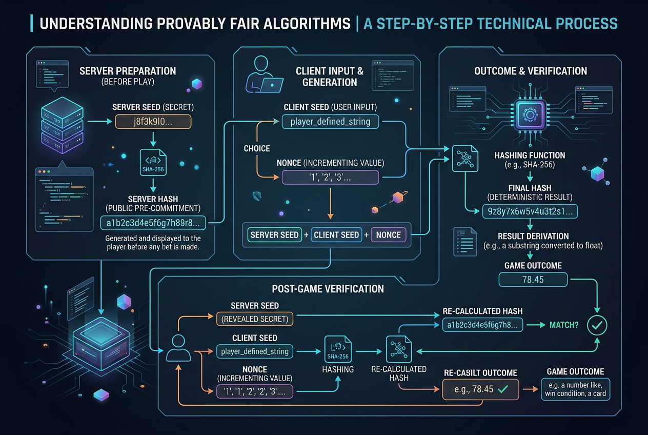 Infografika przedstawiająca mechanizm działania algorytmu Provably Fair w krypto kasynach