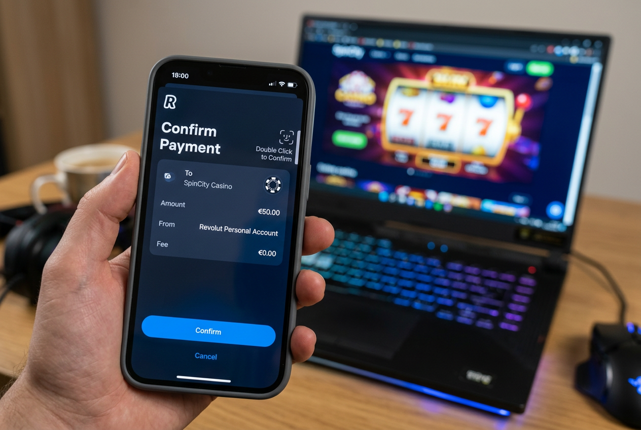 Interfejs aplikacji Revolut na smartfonie z widocznym logiem kasyna i procesem depozytu