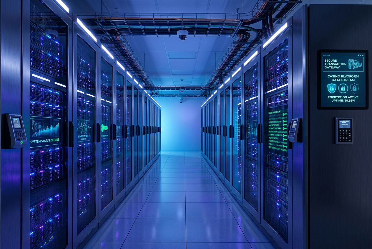 Modern data center with rows of secure servers representing casino infrastructure