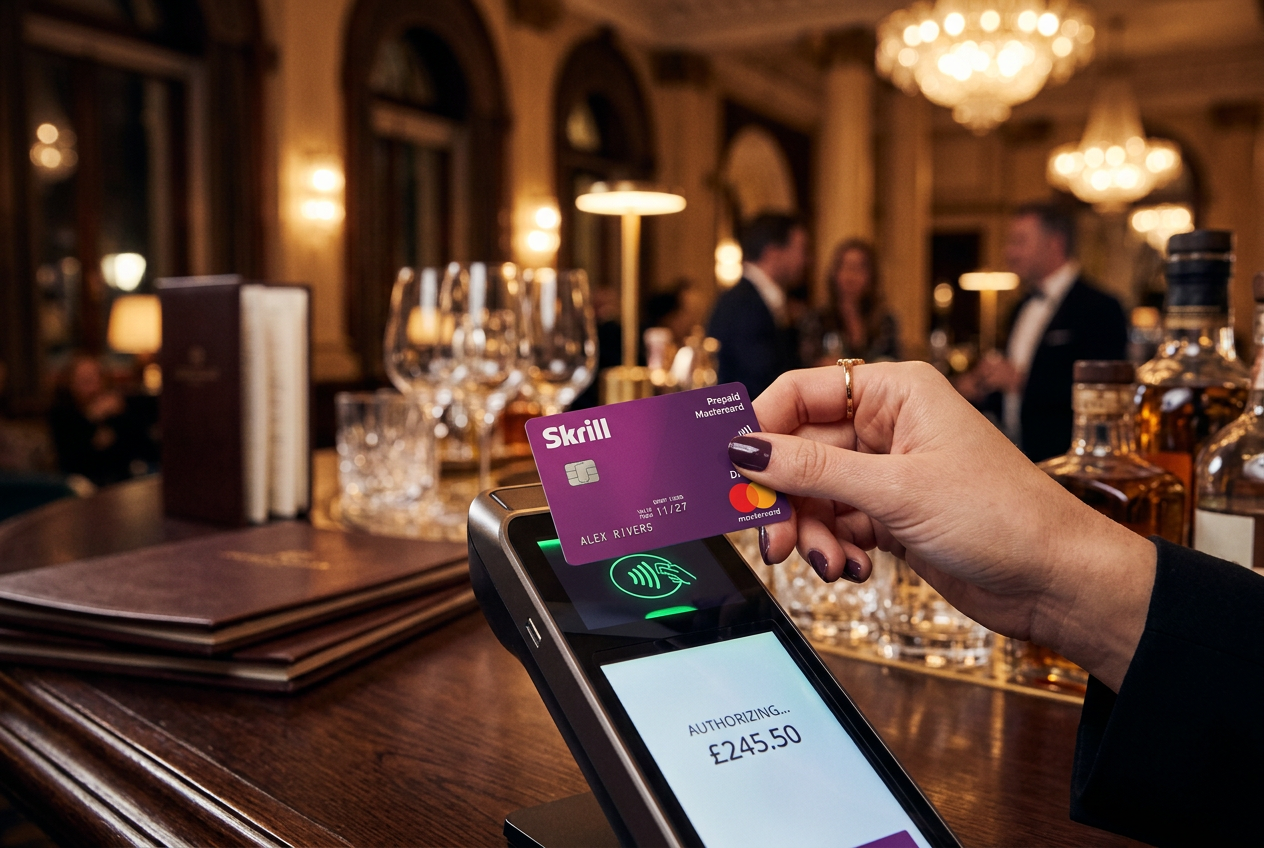 User making a contactless payment with a violet Skrill Prepaid Mastercard in a luxury setting
