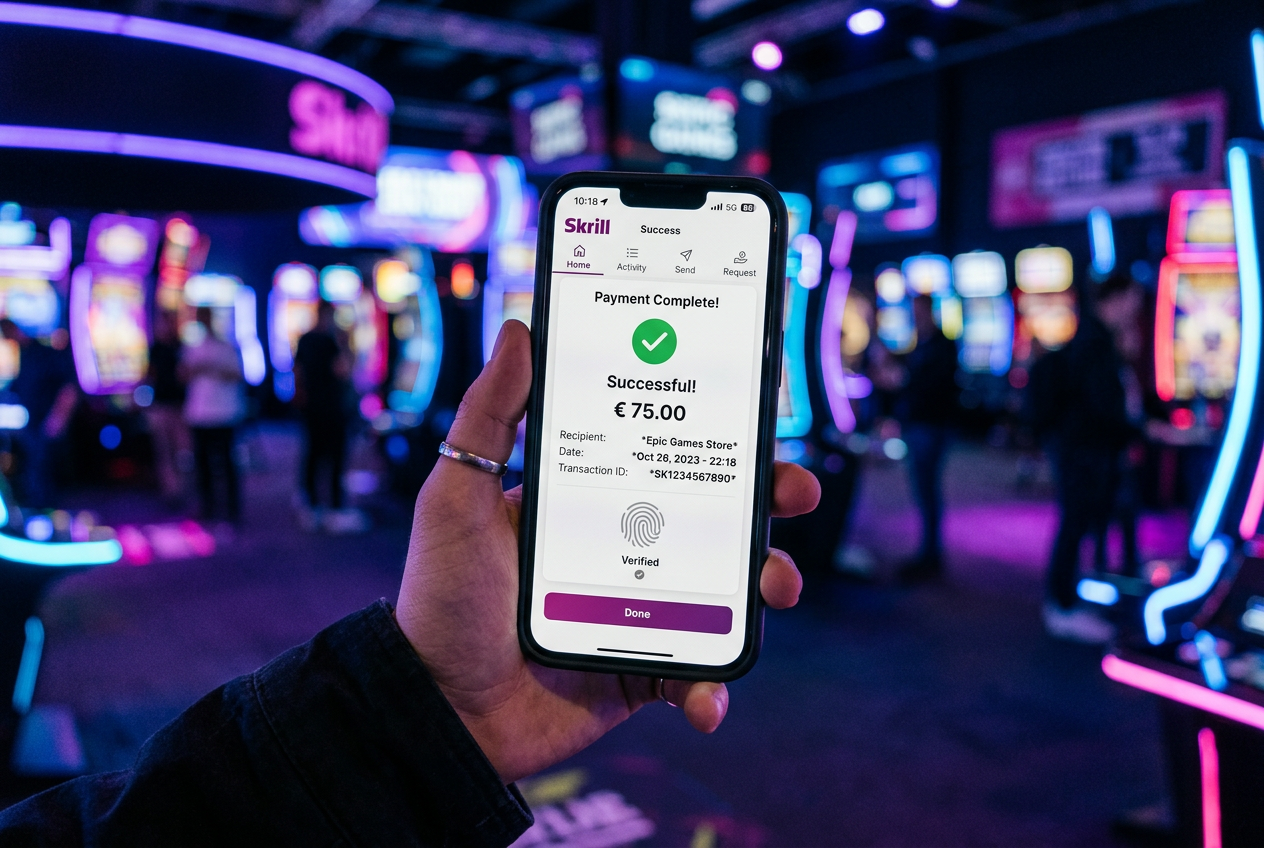 Modern smartphone displaying Skrill digital wallet interface with high security features